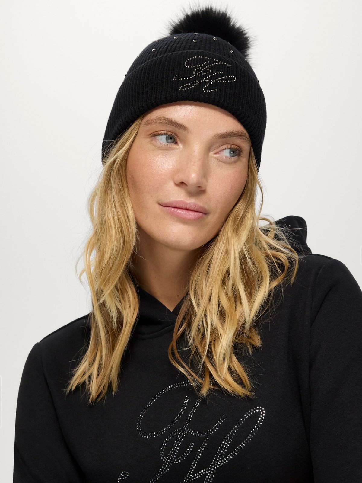 2x Daly Women Rhinestone Pom Pom Beanie BLACK